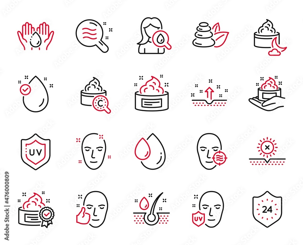 Vector Set of Beauty icons related to Skin care, Uv protection and Spa stones icons. Skin cream, Healthy face and Wash hands signs. 24 hours, Oil drop and No sun. Uv protect, Vitamin e. Vector Vector Set of Beauty icons related to Skin care, Uv protection and Spa stones icons. Skin cream, Healthy face and Wash hands signs. 24 hours, Oil drop and No sun. Uv protect, Vitamin e. Vector