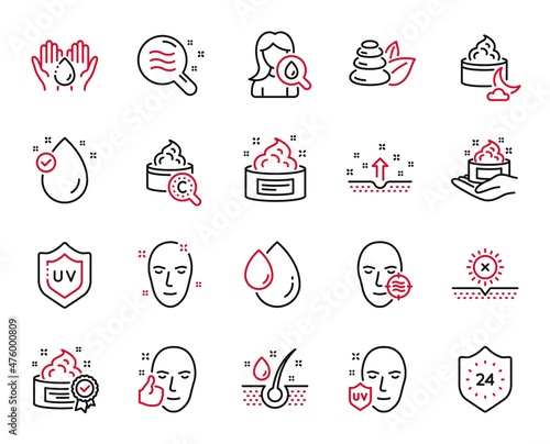 Vector Set of Beauty icons related to Skin care, Uv protection and Spa stones icons. Skin cream, Healthy face and Wash hands signs. 24 hours, Oil drop and No sun. Uv protect, Vitamin e. Vector