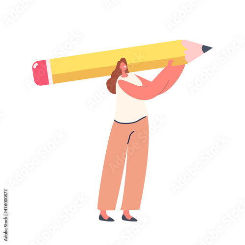 Tiny Female Character with Huge Pencil Isolated on White Background. Writer, Businesswoman, Secretary, Artist Occupation