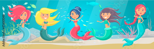 Sea adventure with marine wild nature  mermaid and fishes. Underwater life of sea creatures. Girl with fish tail and long hair smiles and swims in blue water. Cartoon nautical character lives in ocean