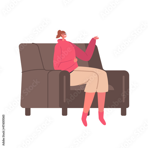 Cute Smiling Girl Sitting on Cozy Sofa at Home, Female Character Having Leisure, Sparetime, Relaxing or Chat with Friend