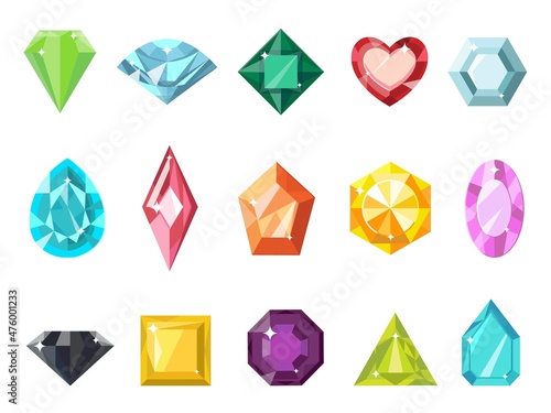 Cartoon jewelry gem stone, diamond and brilliant icons. Flat gemstone for game. Shiny crystal, emerald, ruby heart and aquamarine vector set