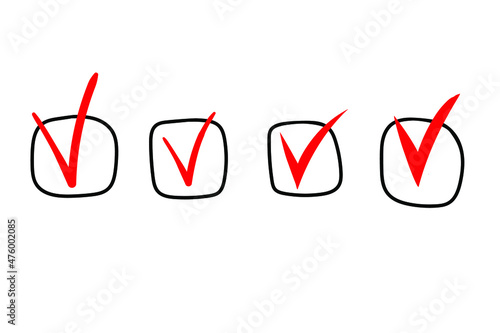 Hand drawn check mark and box. Empty filled boxes for answers in test, voting, confirmation, negation icons. Checklist signs template. Vector illustration isolated on white.