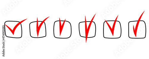 Hand drawn check mark. Empty filled boxes for answers in test, voting, confirmation, negation icons. Checklist signs template. Vector illustration isolated on white.