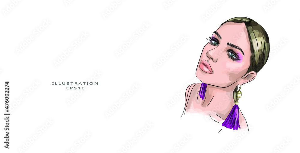 A beautiful, sweet, well-groomed girl on a bright pink background with combed smooth hair and large pink shiny earrings. Makeup - pink lipstick, black arrows. Blue eyes. Fashion, luxury, cosmetics. A beautiful, sweet, well-groomed girl on a bright pink background with combed smooth hair and large pink shiny earrings. Makeup - pink lipstick, black arrows. Blue eyes. Fashion, luxury, cosmetics.