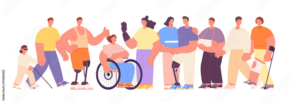 Diverse people together. Portraits human group, disability inclusive in social life. Equal working rights, person on wheelchair. Community diversity utter vector concept