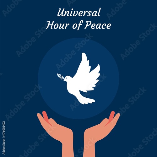 Vector illustration, a pair of palms and a dove on a blue background. Universal Hour of Peace concept. suitable for posters, greeting cards, backgrounds and banners