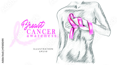 Woman examining breast mastopathy or cancer