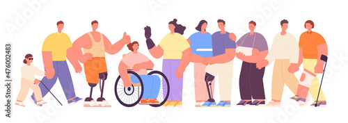 Diverse people together. Portraits human group, disability inclusive in social life. Equal working rights, person on wheelchair. Community diversity utter vector concept