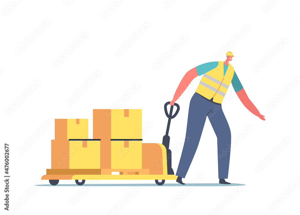 Cargo Transportation, Storage Logistic Concept. Worker in Uniform Pull Hand Truck with Carton Boxes. Export, Import Cargo Transportation, Storage Logistic Concept. Worker in Uniform Pull Hand Truck with Carton Boxes. Export, Import