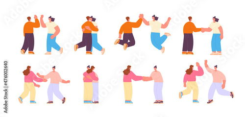 People greetings characters. Waving hands friends, greet acted person. Happy woman and men, friendship. Isolated flat welcome signs utter vector set