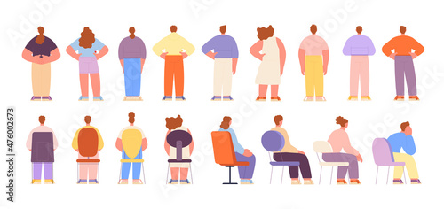 People in different poses. Backs characters, isolated standing and sitting man woman. Diverse back view, person sit on chair, utter vector collection
