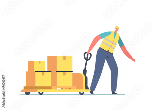 Cargo Transportation, Storage Logistic Concept. Worker in Uniform Pull Hand Truck with Carton Boxes. Export, Import