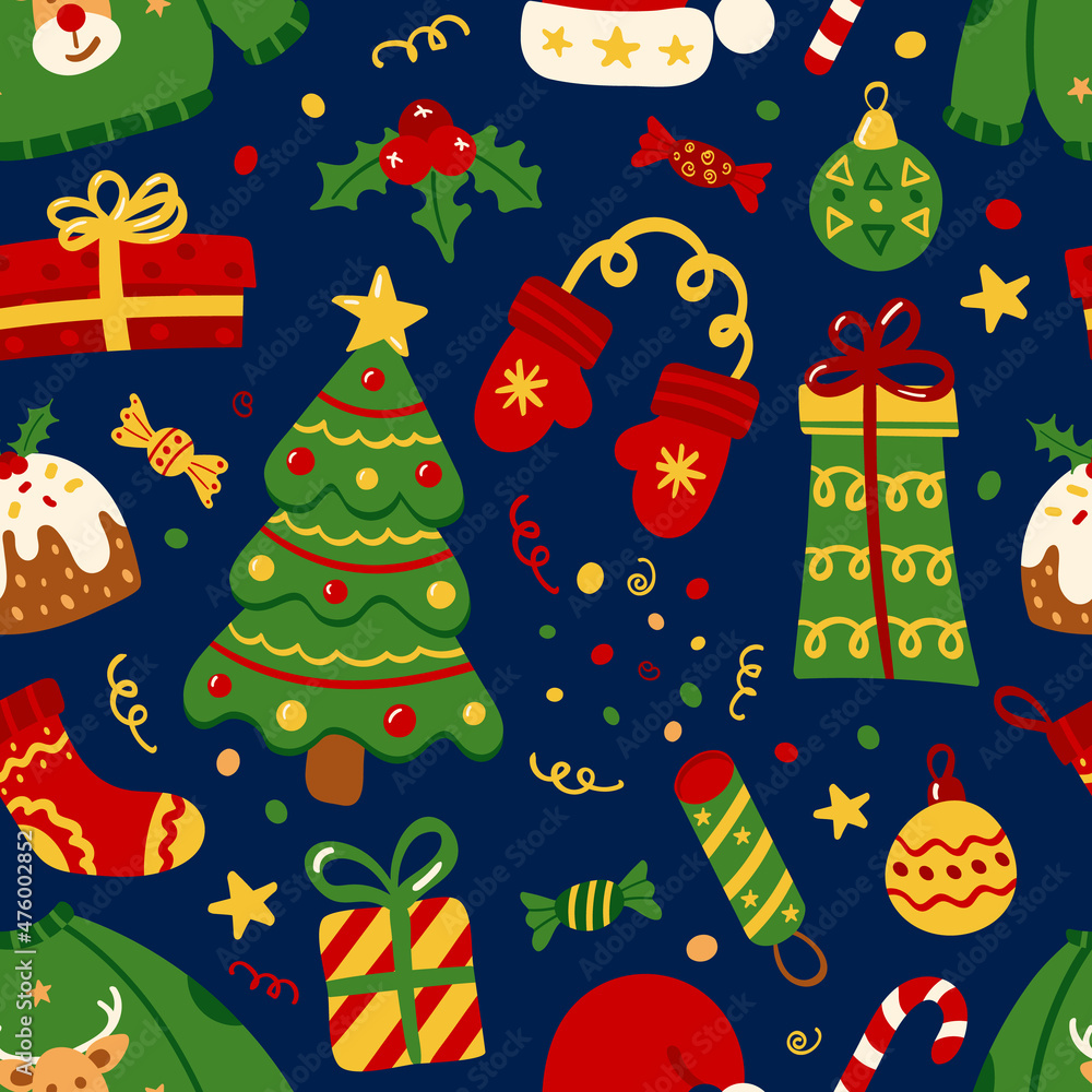 Seamless Christmas and New Year pattern. Pattern with New Year and Christmas elements for decorating gift wrapping, posters, postcards, stationery. Seamless Christmas and New Year pattern. Pattern with New Year and Christmas elements for decorating gift wrapping, posters, postcards, stationery.