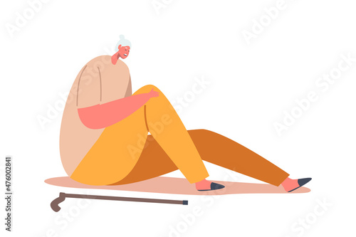 Unhappy Senior Woman Sitting on Floor with Cane, Aged Female Character Fall Down due to Slippery Road, Clumsiness