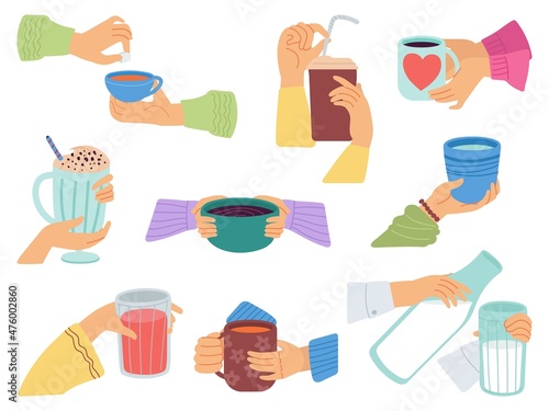 Hands holding beverages. Latte and tea, coffee mug. Different drinks in hand, cafe concept. People give cups, morning glass of milk or juice, decent vector set
