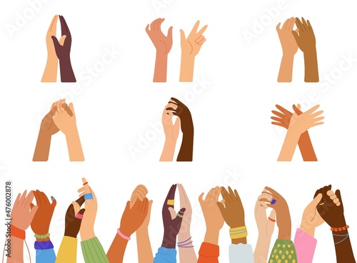 Multicultural friendship. Integration and inclusion, multiethnic team together. People equality, women solidarity. Diverse holding hands decent vector set