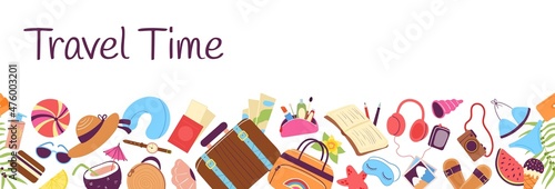 Doodle travel banner. Tourism vacations, traveller stuff. Suitcase and bag, luggage and cosmetics. Flight accessories, sweet food decent vector seamless border