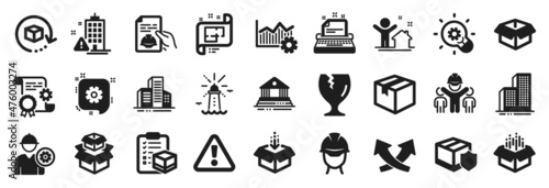 Set of Industrial icons, such as Foreman, Warning, Construction document icons. Skyscraper buildings, Delivery insurance, Building warning signs. Lighthouse, Packing boxes, Court building. Vector
