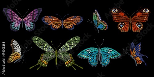 Embroidery butterflies. Floral butterfly, orange blue flying insects. Textile decoration, fashion graphic patches. Stitch templates, nowaday vector set photo