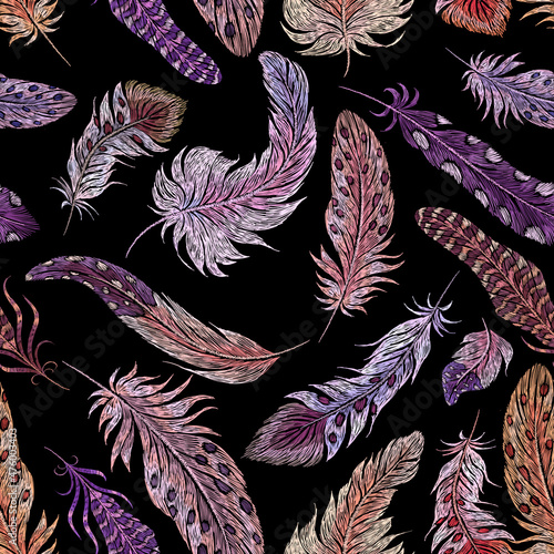 Feather embroidery. Exotic feathers print, birds fashion ethnic elements. Beauty decorative plumage, stitch tapestry nowaday, vector seamless pattern