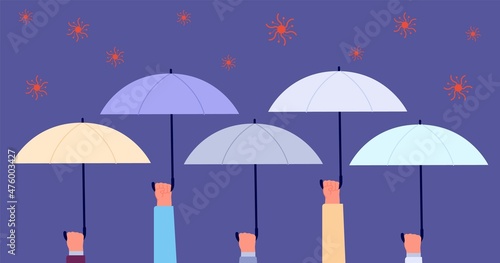 Bacterial attack. Hands holding umbrellas and protect of falling viruses. Healthcare, self protection or life medical insurance vector concept