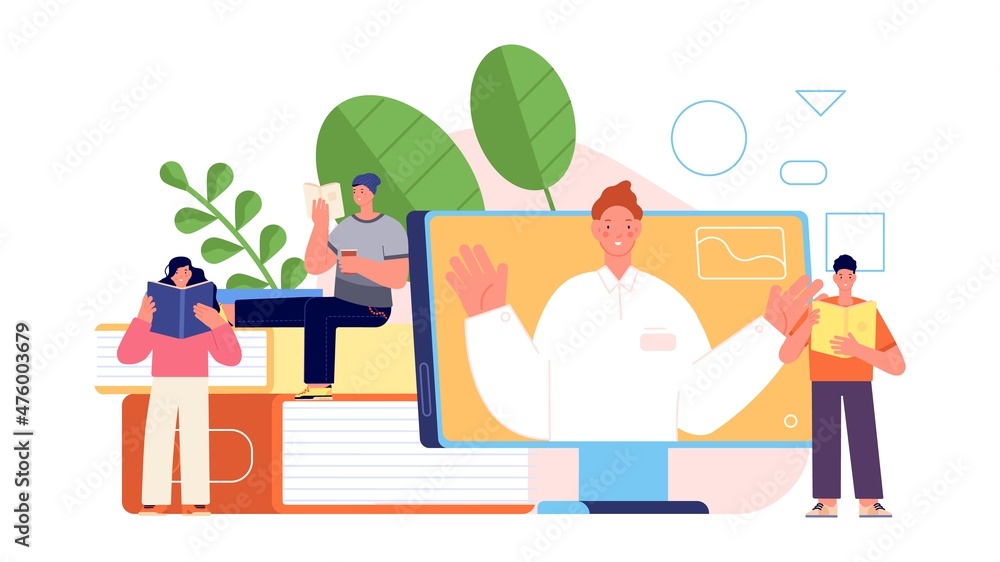 People reading books. Online education, practice and lesson. Teacher on screen and students. Remote learning, vector concept People reading books. Online education, practice and lesson. Teacher on screen and students. Remote learning, vector concept