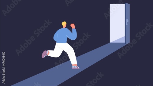 Man run in open door. Active guy go in happy future. Movement towards goal, mindset for success. Escape from reality, vector metaphor