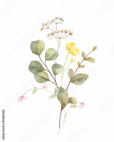 Watercolor vector bouquet of green branches and meadow flowers.