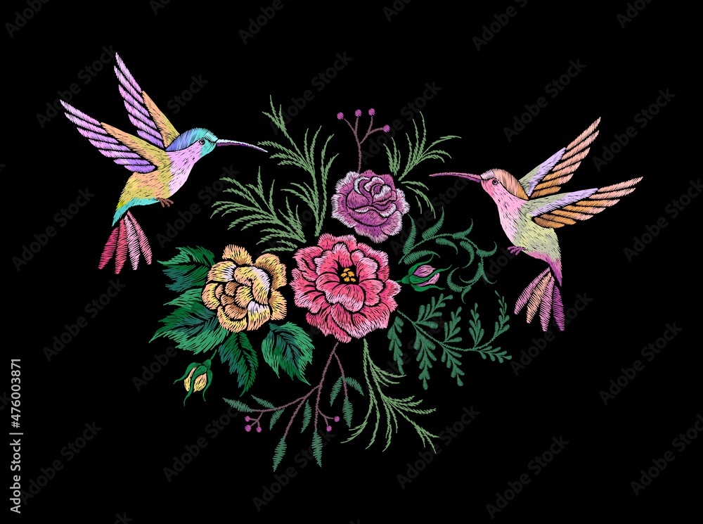 Embroidery flowers birds. Stitched ornament, tshirt embroidered print oriental style. Hand made clothing design patch, hummingbird and roses nowaday vector scene Embroidery flowers birds. Stitched ornament, tshirt embroidered print oriental style. Hand made clothing design patch, hummingbird and roses nowaday vector scene