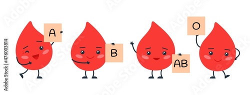 Types of blood. Happy bloods characters, red drops with banners. Medical bleeding elements, isolated cute healthy droplets. Kawaii decent vector set