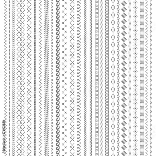 Sewing seams. Embroidery stripe, geometric stitched lines. Sew stitch or seam, seamless fabric borders. Isolated decorative cross embroidered, nowaday vector elements
