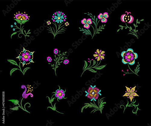 Wild embroidery flowers. Decorative floral embroidered elements. Garden seasonal handicraft on fabric. Asian style fashion silk stitch nowaday vector set