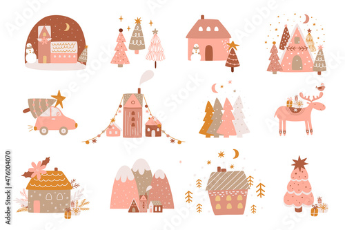 Pink Christmas and New Year elements set. Winter village houses, Christmas tree, deer, car, mountains, fur tree. Chrilish pink winter illustration. Winter holidays decorative collection. Vector.