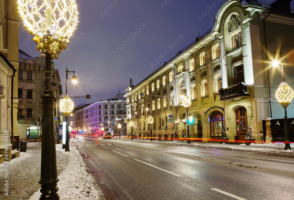 Moscow, Russia, Mansion on Ostozhenka street in the evening.
  This is a Moscow building, erected in 1903 by the architect Lev Kekushev. It was originally used to accommodate profitable apartments.