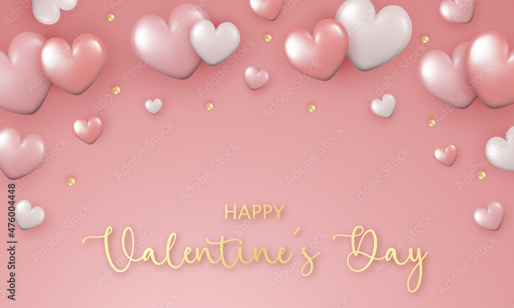 Greeting card for Valentine's Day, Mother's Day, Women's Day, Wedding. 3d realistic shiny hearts on a pink background.
