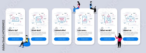 Science icons set. UI phone app screens with teamwork. Included icon as Graph phone, Online documentation, Nurse signs. Seo stats, Web tutorials, First aid line icons. Vector