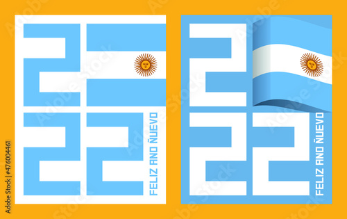 Tarjeta de felicitación de año nuevo diseñada con números 2022 y bandera Argentina.