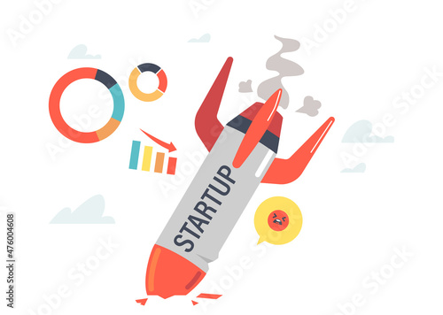 Burning Spaceship or Rocket Fall Down on Ground with Steam and Analytic Charts and Graphs around. Company Startup Fail