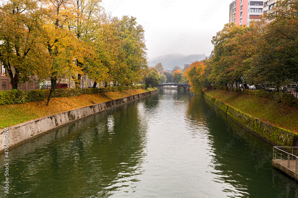 Ljubljana river canal historic buildings, Slovenia