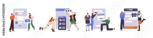 UI UX design concept. People web-designers at creation process of creating interfaces, visual content layouts, developing usability application. Flat vector illustrations isolated on white background