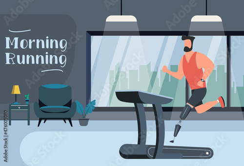 Man with a prosthetic leg runs on a treadmill in home. Vector illustration