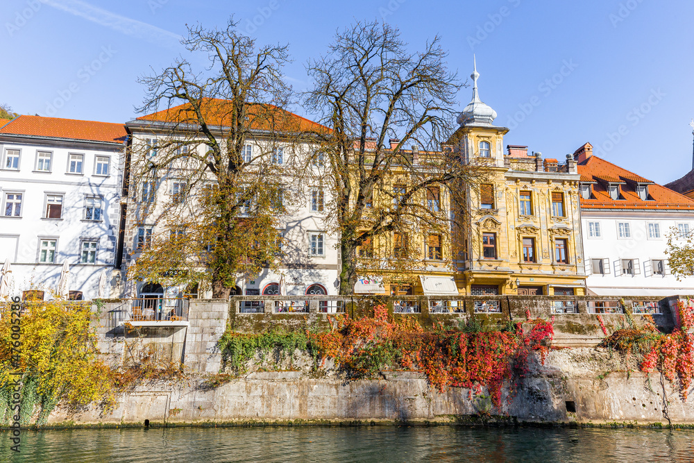 Ljubljana river canal historic buildings, Slovenia