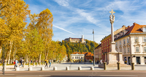 Ljubljanski grad castle city square view, Ljubljana, Slovenia.