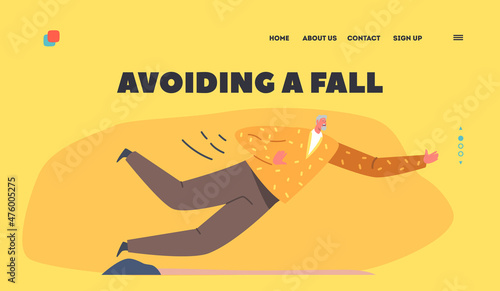 Avoiding a Fall Landing Page Template. Senior Male Character Stumble the Stone Falling Down on the Ground, Fracture