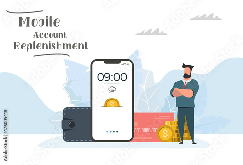 The guy replenishes his mobile account. Phone, wallet and credit card. Vector illustration