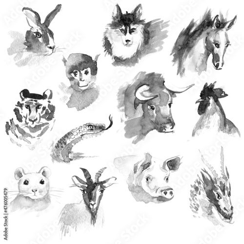 Sumi-e chinese zozdiak animals. Symbols of the year collection.