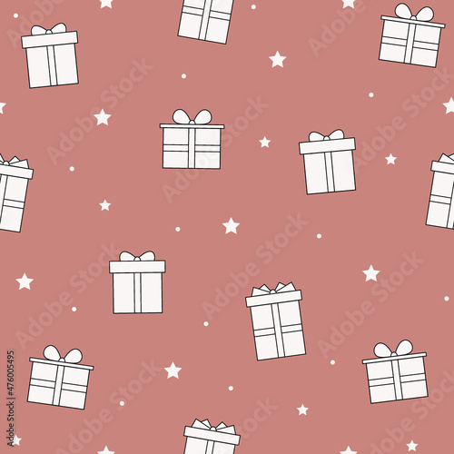 Christmas wrapping paper with Xmas gifts and stars. Seamless pattern. Vector