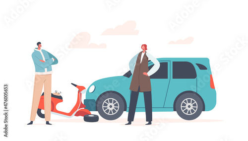 Car Hit Driver on Scooter, Accident with Automobile and Person on City Road, Health Insurance, Safety Concept