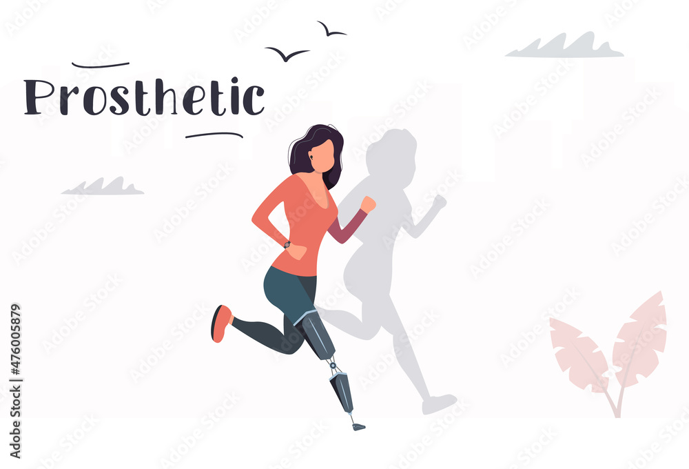 Woman with a prosthetic leg is running. Vector illustration